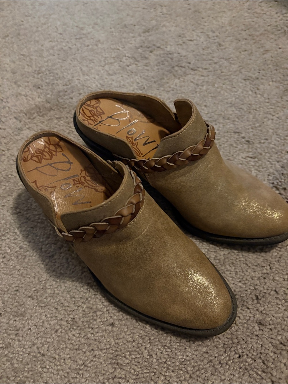 Blowfish Tan Braided-Accent Mule Heels